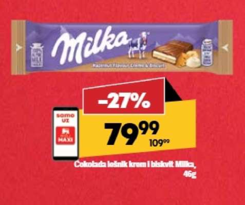 Čokolada lešnik krem i biskvit Milka, 46g