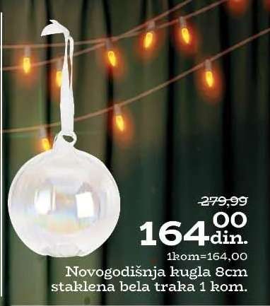 Novogodišnja kugla 8cm staklena bela traka 1 kom.