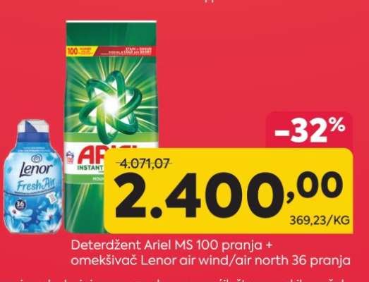 Deterdžent Ariel MS 100 pranja + omekšivač Lenor air wind/air north 36 pranja