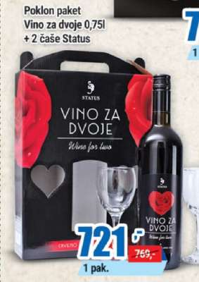 Poklon paket Vino za dvoje 0,75l + 2 čaše Status
