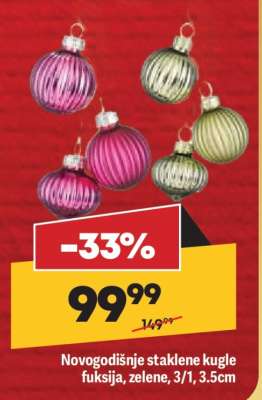 Novogodišnje staklene kugle fuksija, zelene, 3/1, 3.5cm