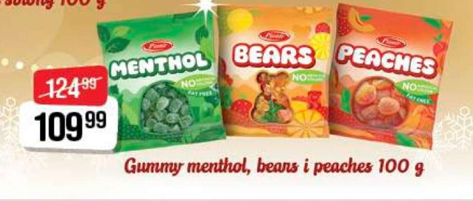 Gummy menthol, bears, and peaches 100g