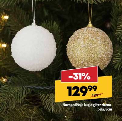 Novogodišnja kugla gliter zlatno-bela, 8cm