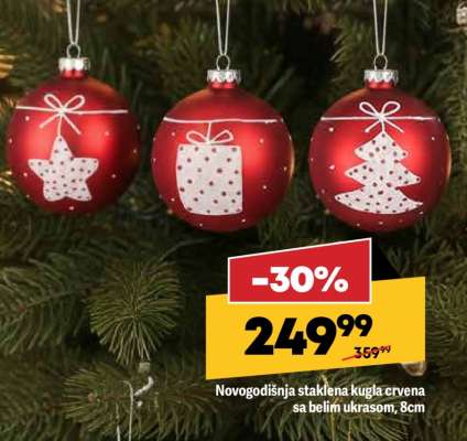 Novogodišnja staklena kugla crvena sa belim ukrasom, 8cm