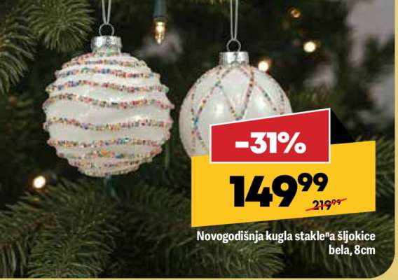 Novogodišnja kugla staklena šljokice bela, 8cm