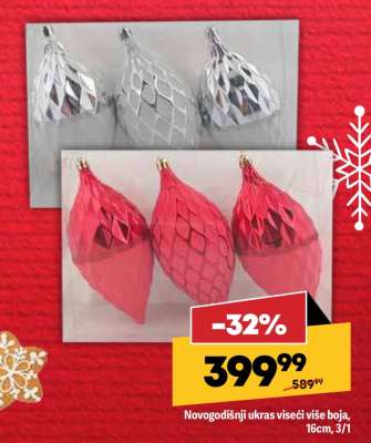 Novogodišnji ukras viseći više boja, 16cm, 3/1