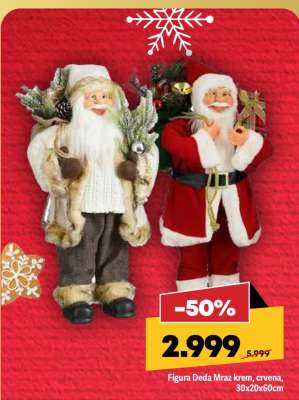 Figura Deda Mraz krem, crvena, 30x20x60cm