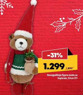 Novogodišnja figura meda sa kapicom, 53cm 311