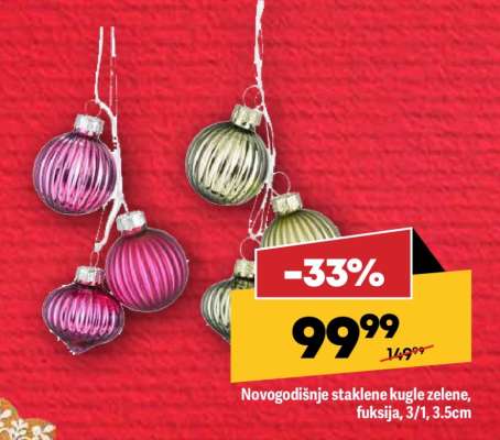 Novogodišnje staklene kugle zelene, fuksija, 3/1, 3.5cm