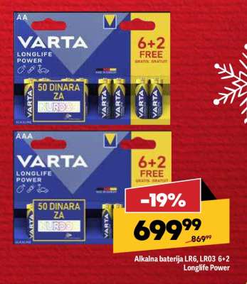 Alkalna baterija LR6, LR03 6+2 Longlife Power