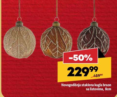 Novogodišnja staklena kugla braon sa listovima, 8cm