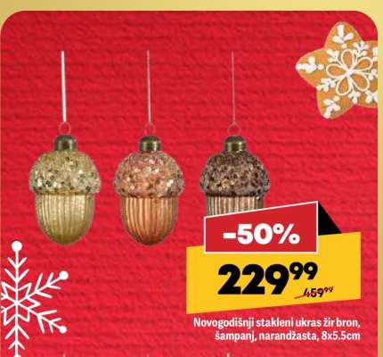 Novogodišnji stakleni ukras žir bron, šampanj, narandžasta, 8x5.5cm