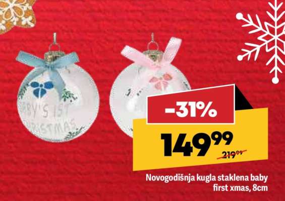 Novogodišnja kugla staklena baby first Xmas, 8cm