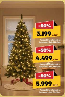 Novogodišnja jelka basic sa lampicama t. bela, 215x96cm