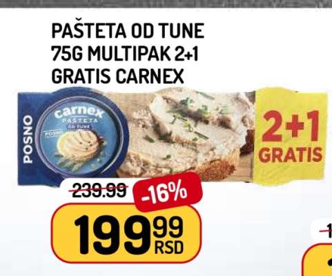 PAŠTETA OD TUNE 75g MULTIPAK 2+1 GRATIS CARNEX