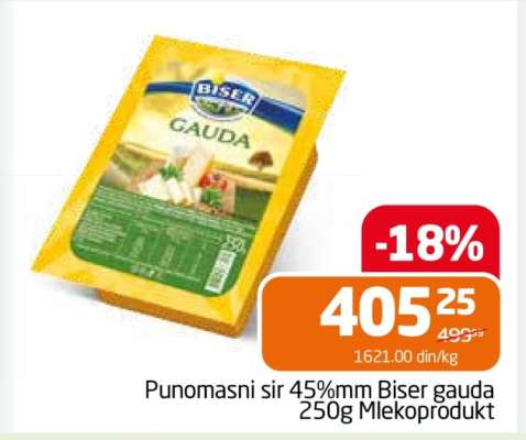 Punomasni sir 45%mm Biser gauda 250g Mlekoprodukt