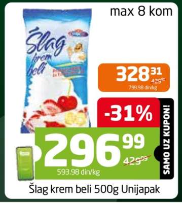 Šlag krem beli 500g Unijapak