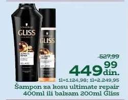 Šampon za kosu ultimate repair 400ml ili balzam 200ml Gliss