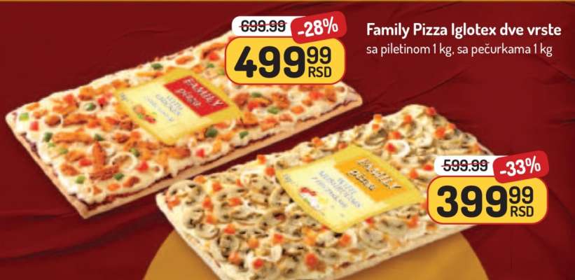 Family Pizza Iglotex dve vrste sa piletinom 1 kg, sa pečurkama 1 kg