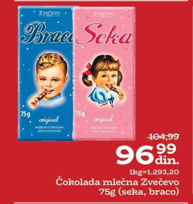 Čokolada mlečna Zvečevo 75g (seka, braco)