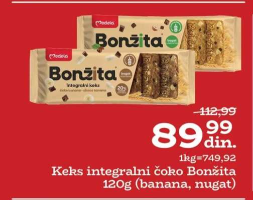 Keks integralni čoko Bonžita 120g (banana, nugat)