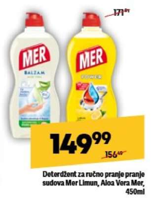 Deterdžent za ručno pranje pranje sudova Mer Limun, Aloa Vera Mer, 450ml