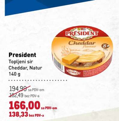 President Topljeni sir Cheddar, Natur 140 g