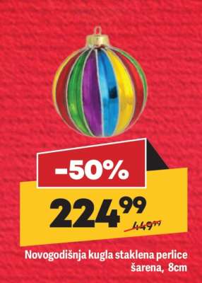 Novogodišnja kugla staklena perlice šarena, 8cm