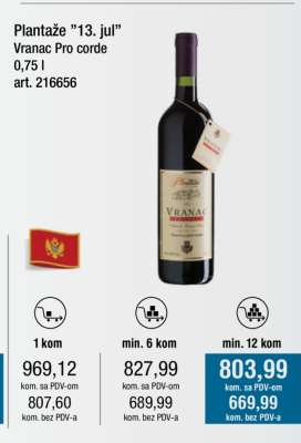 Plantaže 13. jul Vranac Pro corde 0,75 l