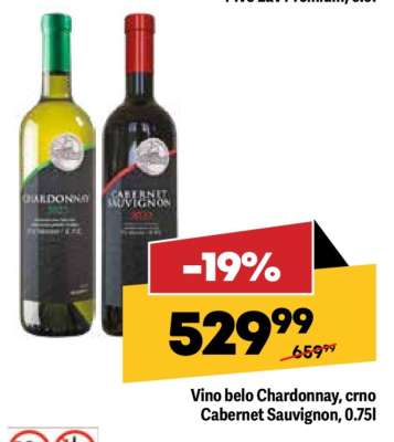 Vino belo Chardonnay, crno Cabernet Sauvignon, 0.75l