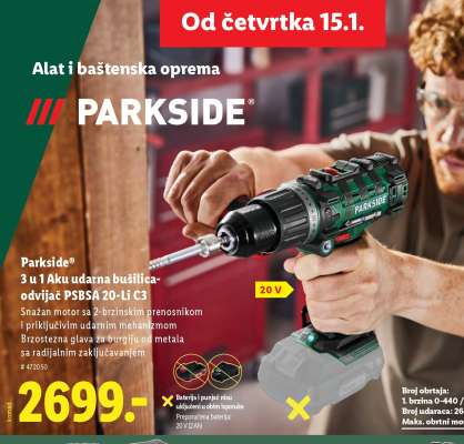 PARKSIDE 3 u 1 aku udarna bušilica-odvijač PSBSA 20-Li C3
