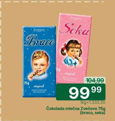 Čokolada mlečna Zvečevo 75g (braco, seka)