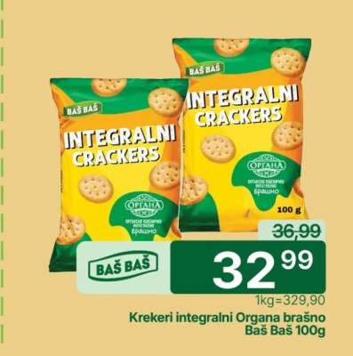 Krekeri integralni Organa brašno Baš Baš 100g