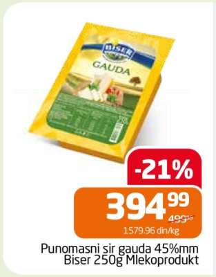 Punomasni sir gauda 45%mm Biser 250g Mlekoprodukt