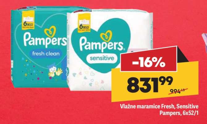 Vlažne maramice Fresh, Sensitive Pampers, 6x52/1