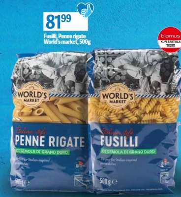 Fusilli, Penne rigate World's market, 500g