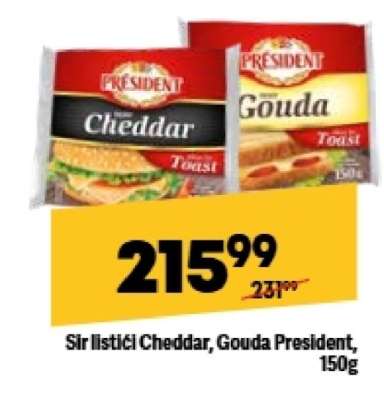 Sýr listící Cheddar, Gouda President, 150g