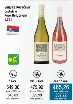 Vinarija Kovačević Orpheline Rose, Beli, Crveni 0,75 l