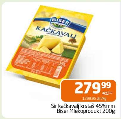 Sir kačkavalj krstaš 45%mm Biser Mlekoprodukt 200g