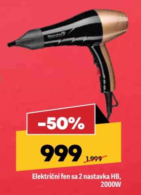 Električni fen sa 2 nastavka HB, 2000W