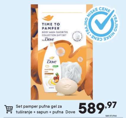 Set pamper pufna gel za tuširanje + sapun + pufna Dove