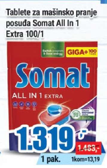 Tablete za mašinsko pranje posuđa Somat All in 1 Extra 100/1