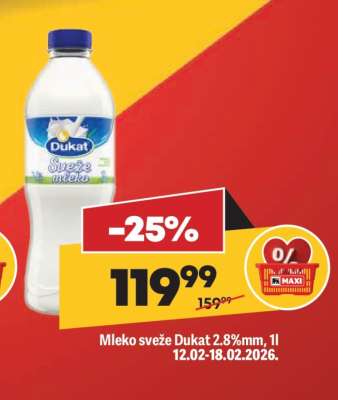 Mleko sveže Dukat 2.8%mm, 1l