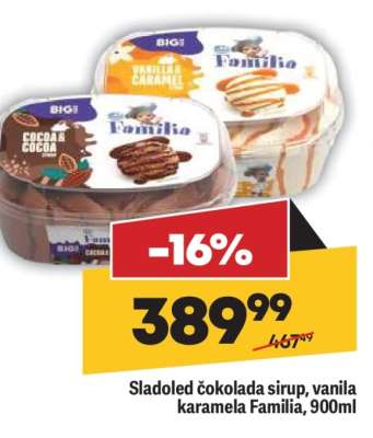 Sladoled čokolada sirup, vanila karamela Familia, 900ml