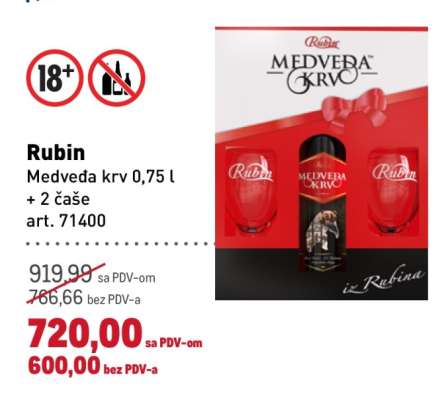 Rubin Medveđa krv 0,75 l + 2 čaše