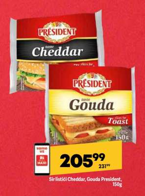 Sir listići Cheddar, Gouda President, 150g