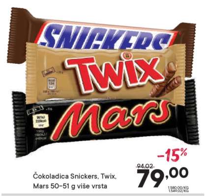 Čokoladica Snickers, Twix, Mars