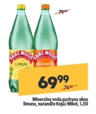 Mineralna voda gazirana ukus limuna, narandže Knjaz Miloš, 1.25l