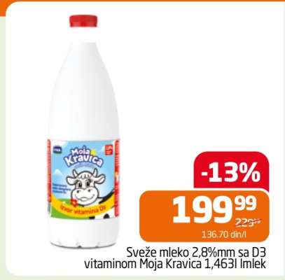 Sveže mleko 2,8%mm sa D3 vitaminom Moja Kravica 1,463l Imlek