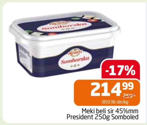 Meki beli sir 45%mm President 250g Somboled